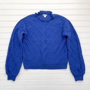 CREWCUTS NWOT/EUC Structured Ruffle Neck Pom Pom Lantern Sleeve Knit Sweater